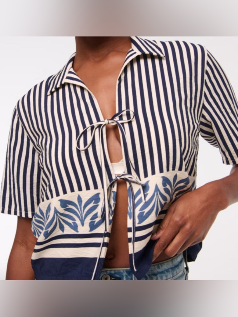Abercrombie & Fitch Tie-Front Top- Dark Indigo Botanical & Stripe Pattern: M